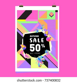 Autumn sale memphis style web banner. Fashion and travel discount poster. Vector holiday Abstract colorful illustration with special offer and promotion.