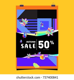 Autumn sale memphis style web banner. Fashion and travel discount poster. Vector holiday Abstract colorful illustration with special offer and promotion.