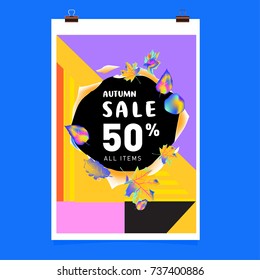 Autumn sale memphis style web banner. Fashion and travel discount poster. Vector holiday Abstract colorful illustration with special offer and promotion.