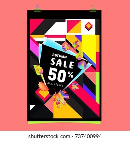 Autumn sale memphis style web banner. Fashion and travel discount poster. Vector holiday Abstract colorful illustration with special offer and promotion.