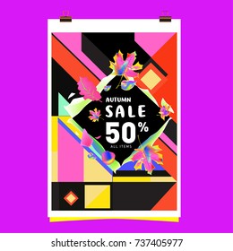 Autumn sale memphis style web banner. Fashion and travel discount poster. Vector holiday Abstract colorful illustration with special offer and promotion.