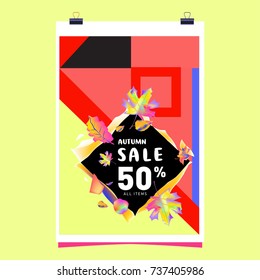 Autumn sale memphis style web banner. Fashion and travel discount poster. Vector holiday Abstract colorful illustration with special offer and promotion.