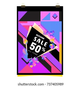Autumn sale memphis style web banner. Fashion and travel discount poster. Vector holiday Abstract colorful illustration with special offer and promotion.