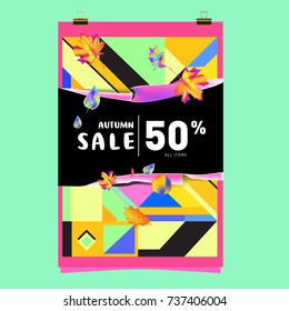 Autumn sale memphis style web banner. Fashion and travel discount poster. Vector holiday Abstract colorful illustration with special offer and promotion.