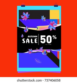 Autumn sale memphis style web banner. Fashion and travel discount poster. Vector holiday Abstract colorful illustration with special offer and promotion.