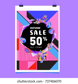 Autumn sale memphis style web banner. Fashion and travel discount poster. Vector holiday Abstract colorful illustration with special offer and promotion.