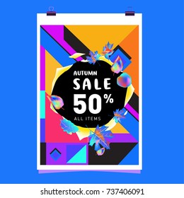 Autumn sale memphis style web banner. Fashion and travel discount poster. Vector holiday Abstract colorful illustration with special offer and promotion.