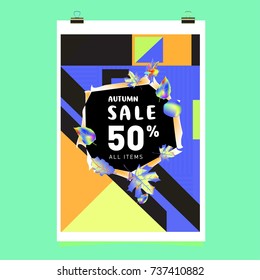 Autumn sale memphis style web banner. Fashion and travel discount poster. Vector holiday Abstract colorful illustration with special offer and promotion.