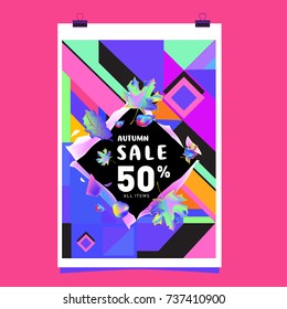 Autumn sale memphis style web banner. Fashion and travel discount poster. Vector holiday Abstract colorful illustration with special offer and promotion.