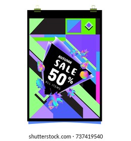 Autumn sale memphis style web banner. Fashion and travel discount poster. Vector holiday Abstract colorful illustration with special offer and promotion.