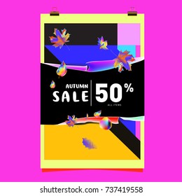 Autumn sale memphis style web banner. Fashion and travel discount poster. Vector holiday Abstract colorful illustration with special offer and promotion.