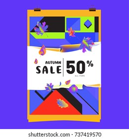 Autumn sale memphis style web banner. Fashion and travel discount poster. Vector holiday Abstract colorful illustration with special offer and promotion.