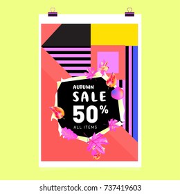 Autumn sale memphis style web banner. Fashion and travel discount poster. Vector holiday Abstract colorful illustration with special offer and promotion.