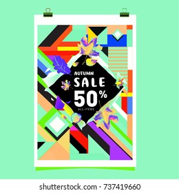 Autumn sale memphis style web banner. Fashion and travel discount poster. Vector holiday Abstract colorful illustration with special offer and promotion.