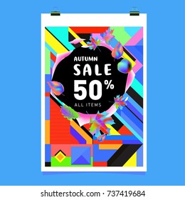 Autumn sale memphis style web banner. Fashion and travel discount poster. Vector holiday Abstract colorful illustration with special offer and promotion.