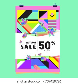 Autumn sale memphis style web banner. Fashion and travel discount poster. Vector holiday Abstract colorful illustration with special offer and promotion.