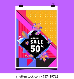 Autumn sale memphis style web banner. Fashion and travel discount poster. Vector holiday Abstract colorful illustration with special offer and promotion.