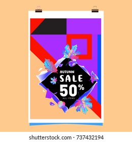 Autumn sale memphis style web banner. Fashion and travel discount poster. Vector holiday Abstract colorful illustration with special offer and promotion.