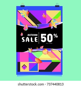 Autumn sale memphis style web banner. Fashion and travel discount poster. Vector holiday Abstract colorful illustration with special offer and promotion.