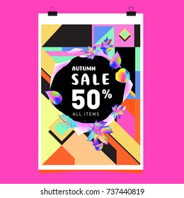 Autumn sale memphis style web banner. Fashion and travel discount poster. Vector holiday Abstract colorful illustration with special offer and promotion.