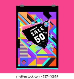 Autumn sale memphis style web banner. Fashion and travel discount poster. Vector holiday Abstract colorful illustration with special offer and promotion.