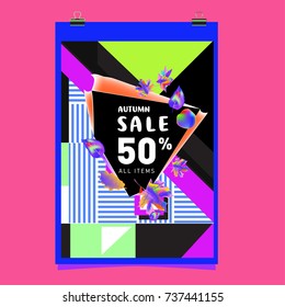 Autumn sale memphis style web banner. Fashion and travel discount poster. Vector holiday Abstract colorful illustration with special offer and promotion.
