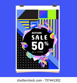 Autumn sale memphis style web banner. Fashion and travel discount poster. Vector holiday Abstract colorful illustration with special offer and promotion.