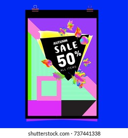 Autumn sale memphis style web banner. Fashion and travel discount poster. Vector holiday Abstract colorful illustration with special offer and promotion.