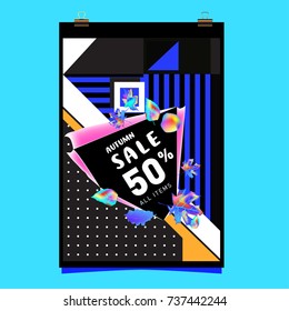 Autumn sale memphis style web banner. Fashion and travel discount poster. Vector holiday Abstract colorful illustration with special offer and promotion.