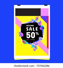 Autumn sale memphis style web banner. Fashion and travel discount poster. Vector holiday Abstract colorful illustration with special offer and promotion.
