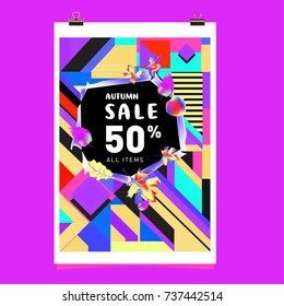 Autumn sale memphis style web banner. Fashion and travel discount poster. Vector holiday Abstract colorful illustration with special offer and promotion.