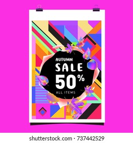 Autumn sale memphis style web banner. Fashion and travel discount poster. Vector holiday Abstract colorful illustration with special offer and promotion.