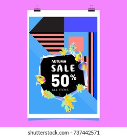 Autumn sale memphis style web banner. Fashion and travel discount poster. Vector holiday Abstract colorful illustration with special offer and promotion.