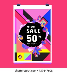 Autumn sale memphis style web banner. Fashion and travel discount poster. Vector holiday Abstract colorful illustration with special offer and promotion.