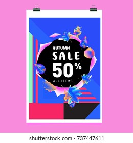 Autumn sale memphis style web banner. Fashion and travel discount poster. Vector holiday Abstract colorful illustration with special offer and promotion.