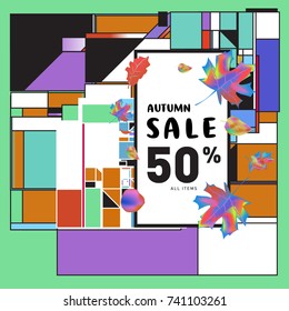 Autumn sale memphis style web banner. Fashion and travel discount poster. Vector holiday Abstract colorful illustration with special offer and promotion.
