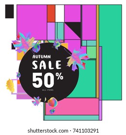 Autumn sale memphis style web banner. Fashion and travel discount poster. Vector holiday Abstract colorful illustration with special offer and promotion.