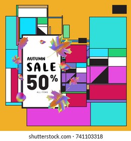 Autumn sale memphis style web banner. Fashion and travel discount poster. Vector holiday Abstract colorful illustration with special offer and promotion.