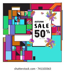 Autumn sale memphis style web banner. Fashion and travel discount poster. Vector holiday Abstract colorful illustration with special offer and promotion.