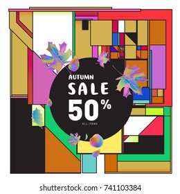 Autumn sale memphis style web banner. Fashion and travel discount poster. Vector holiday Abstract colorful illustration with special offer and promotion.