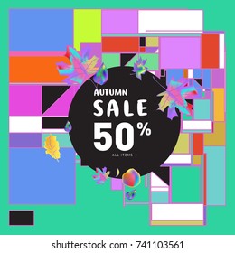 Autumn sale memphis style web banner. Fashion and travel discount poster. Vector holiday Abstract colorful illustration with special offer and promotion.