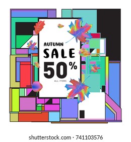 Autumn sale memphis style web banner. Fashion and travel discount poster. Vector holiday Abstract colorful illustration with special offer and promotion.