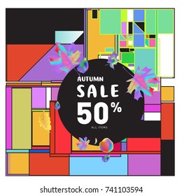 Autumn sale memphis style web banner. Fashion and travel discount poster. Vector holiday Abstract colorful illustration with special offer and promotion.