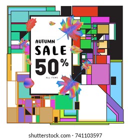 Autumn sale memphis style web banner. Fashion and travel discount poster. Vector holiday Abstract colorful illustration with special offer and promotion.
