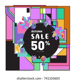 Autumn sale memphis style web banner. Fashion and travel discount poster. Vector holiday Abstract colorful illustration with special offer and promotion.