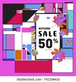 Autumn sale memphis style web banner. Fashion and travel discount poster. Vector holiday Abstract colorful illustration with special offer and promotion.