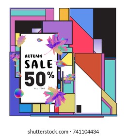 Autumn sale memphis style web banner. Fashion and travel discount poster. Vector holiday Abstract colorful illustration with special offer and promotion.