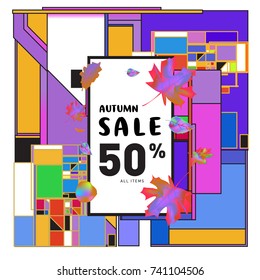 Autumn sale memphis style web banner. Fashion and travel discount poster. Vector holiday Abstract colorful illustration with special offer and promotion.