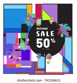 Autumn sale memphis style web banner. Fashion and travel discount poster. Vector holiday Abstract colorful illustration with special offer and promotion.