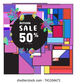 Autumn sale memphis style web banner. Fashion and travel discount poster. Vector holiday Abstract colorful illustration with special offer and promotion.